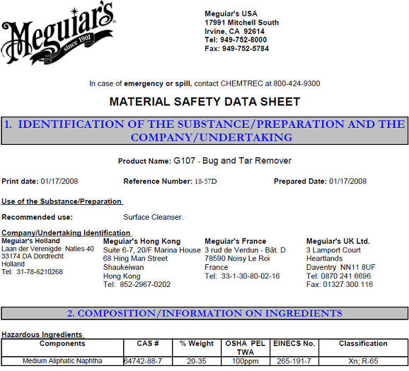 Meguiar's G107 Bug and Tar Remover MSDS