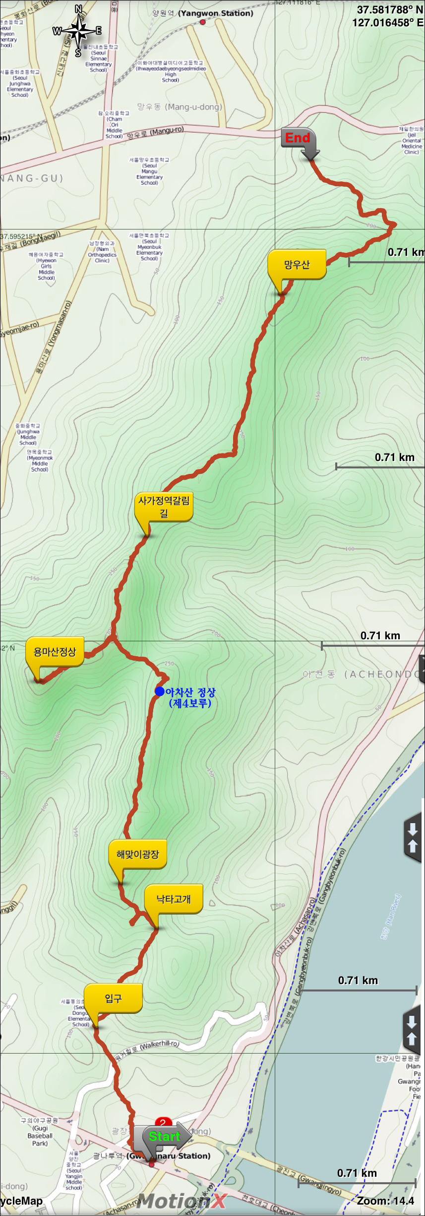 아차산, 용마산, 망우산 산행지도