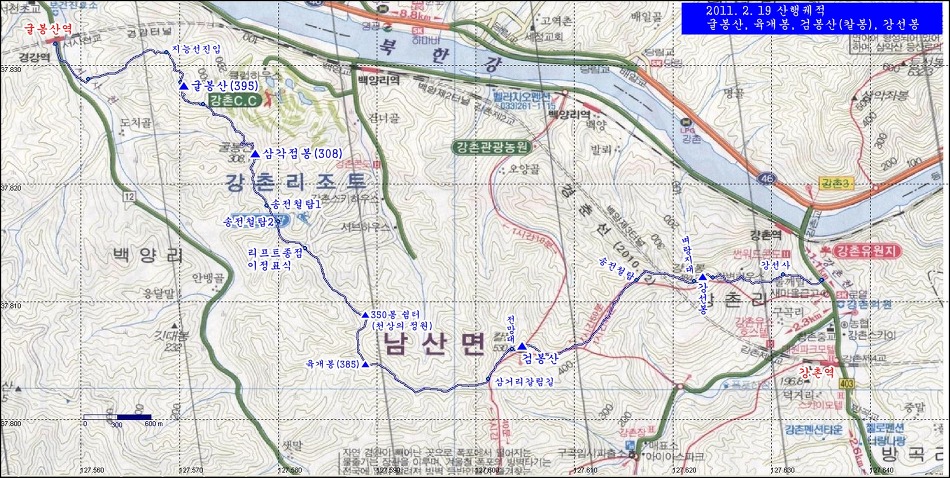 춘천시 굴봉산, 검봉산, 봉화산, 새덕산 산행개념도